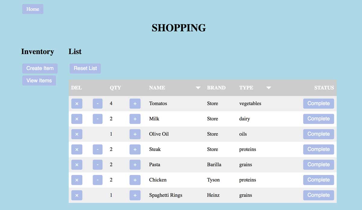 screenshot of Grocery List application